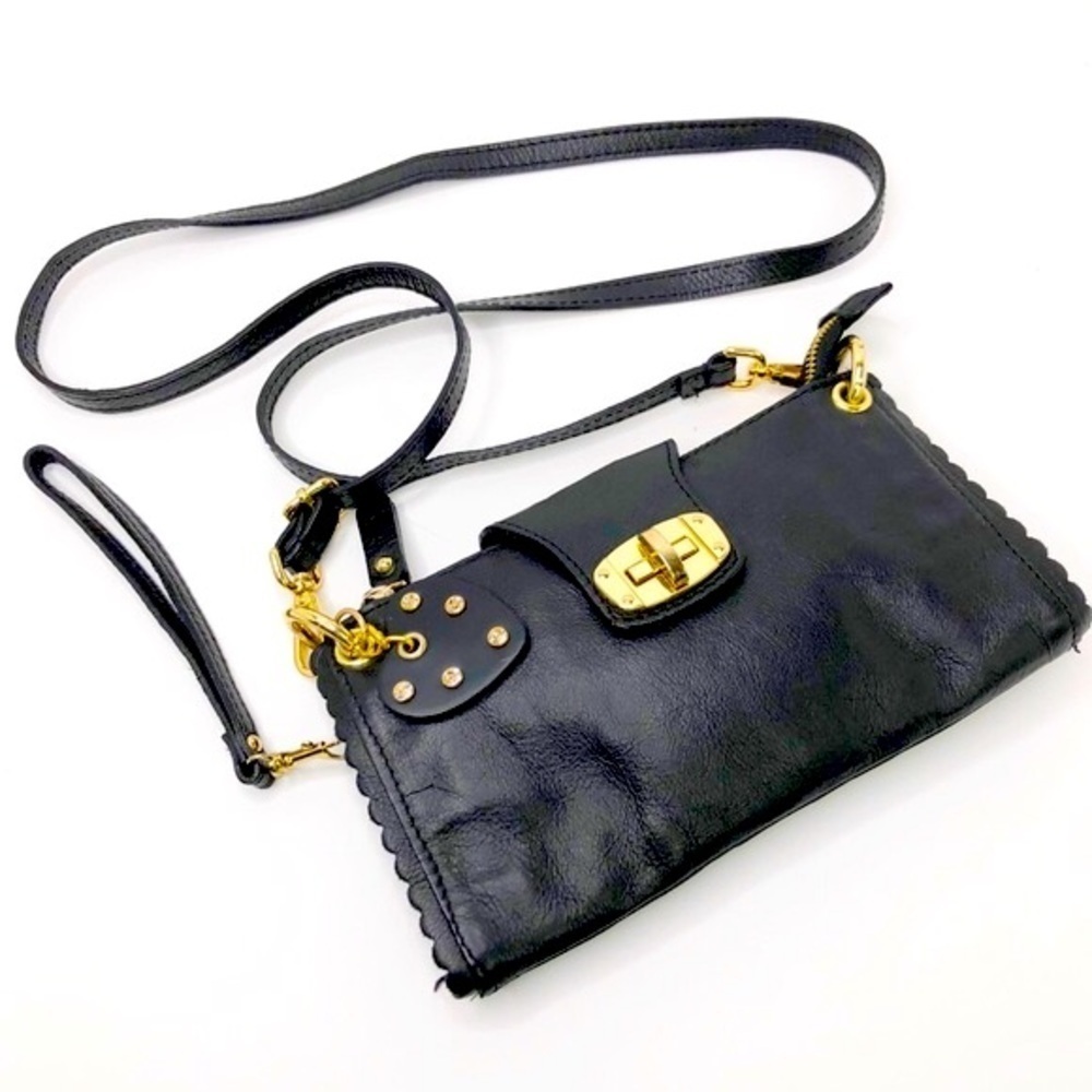 BLACK leather gold toned hardware crossbody wristlet